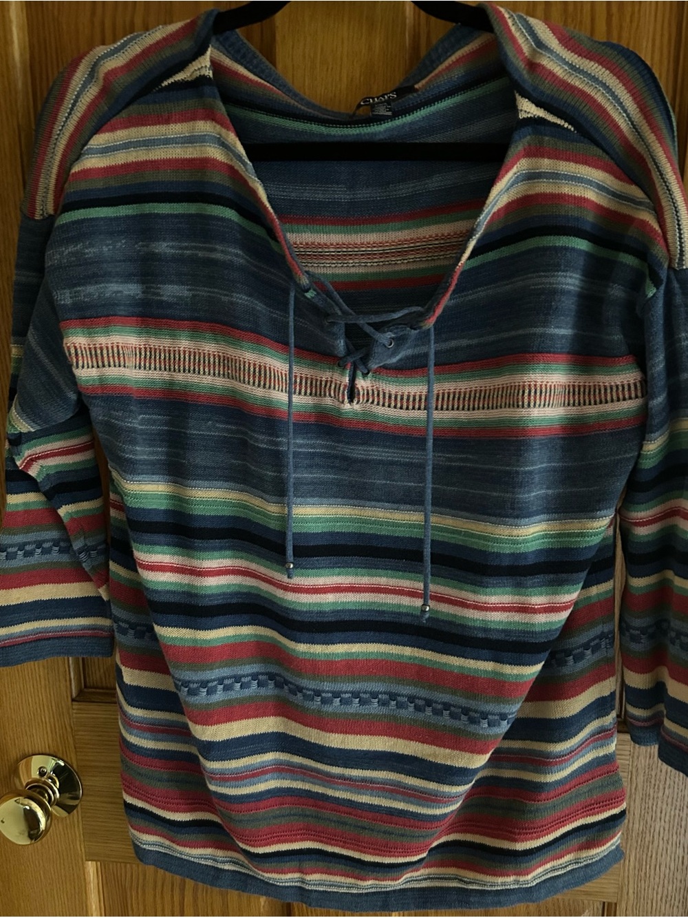 Chaps Multicolor Striped V-Neck Lace-Up Sweater 3/4 sleeves